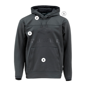 Technical feature callouts for the Fusion Apex Hoody by Skwala Fishing.