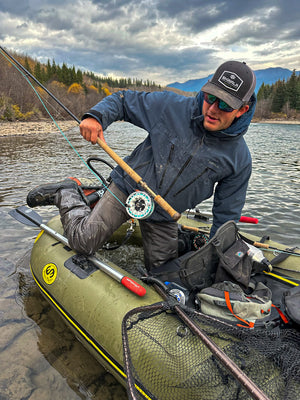 Getting out of the river to swing for steelhead while wearing the RS Jacket from Skwala Fishing.