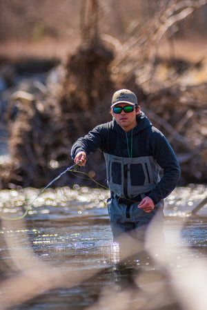 Casting on the Bitterroot River with the Fusion Apex Hoody from Skwala Fishing. 