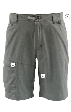 Front facing, hero image of the Sol Short with tech call out tags. Color: charcoal 