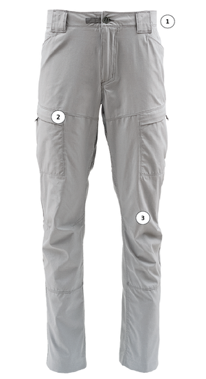 Front facing, hero image of the Sol Wading Pant with tech call out tags. Color: Shadow